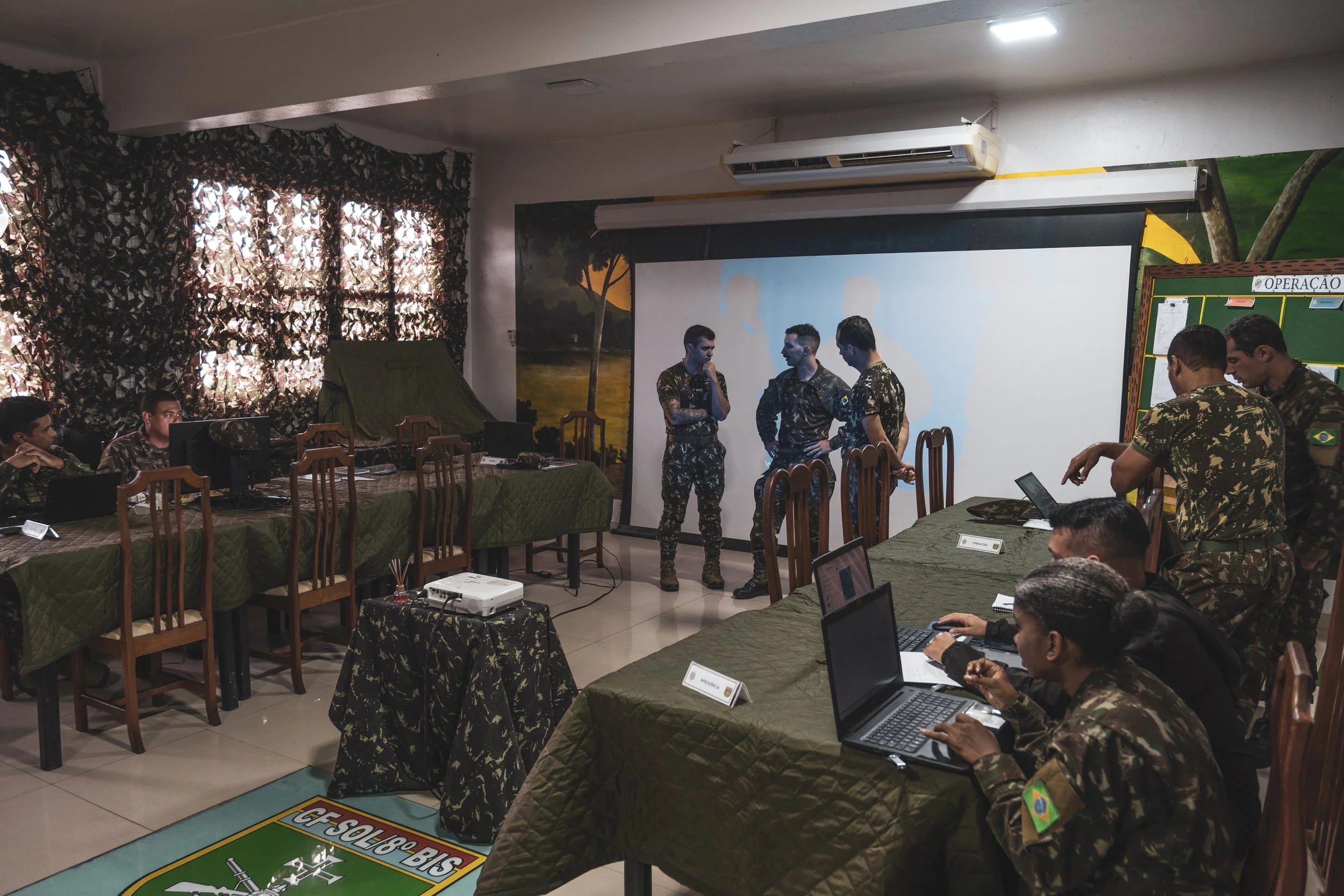 Coordination room inside the 8th Battalion of the Brazilian Army in Tabatinga during a briefing for Operation Ágata against drug trafficking in the tri-border region.