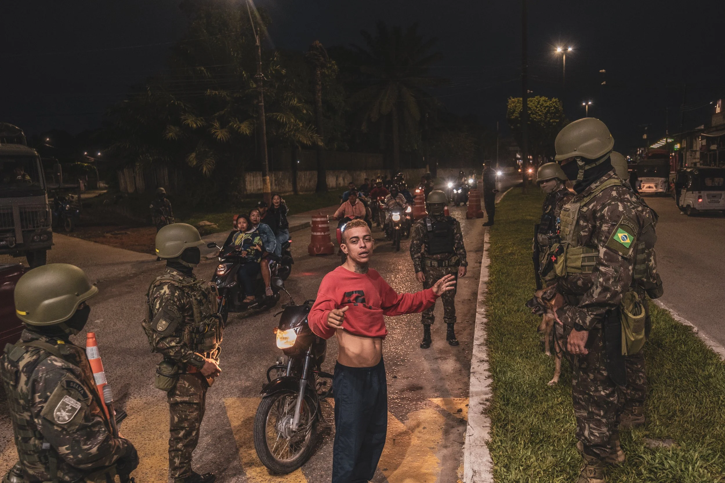 The Brazilian Army conducts a routine inspection operation at the border crossing between the city of Tabatinga in Brazil and Leticia in Colombia, checking motorcycle drivers and searching for drugs.