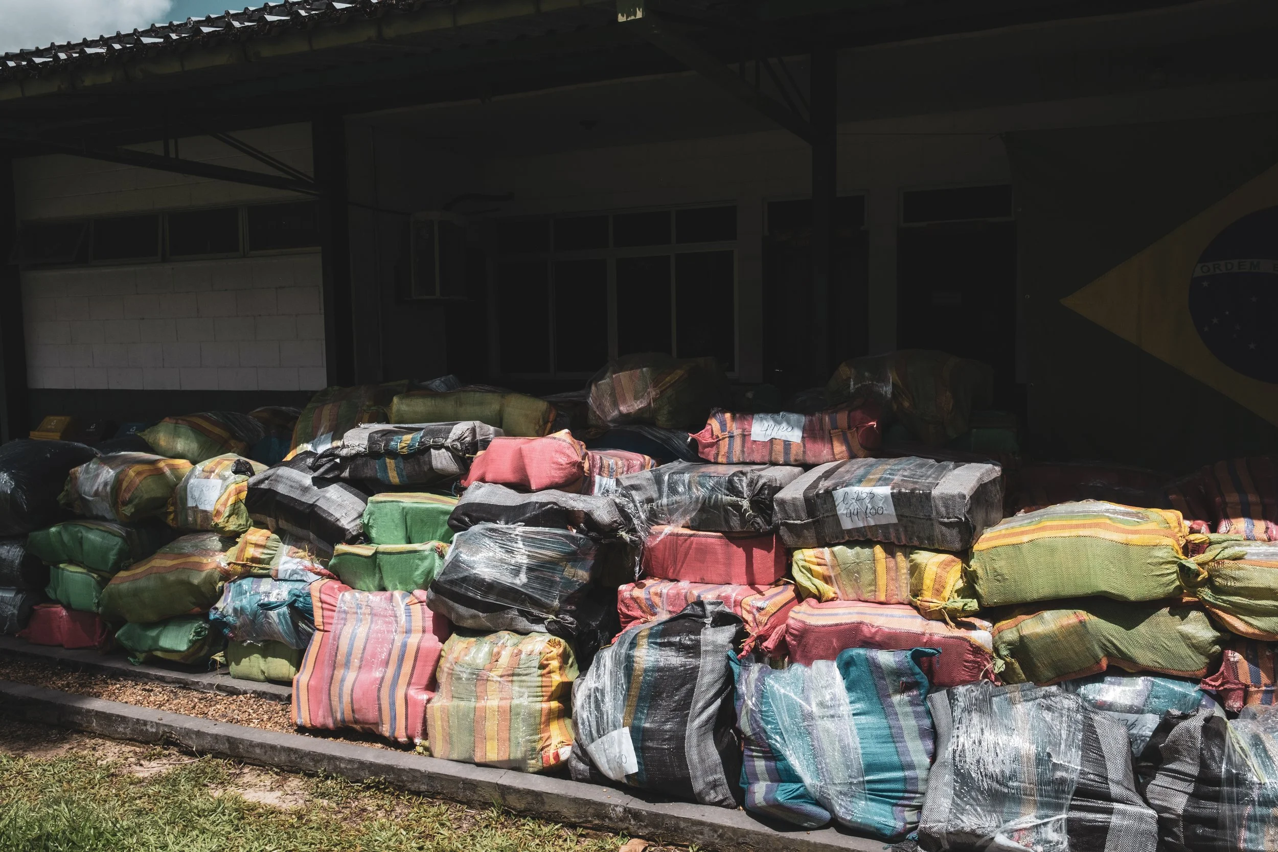 The 14-ton marijuana seizure, resulting from a joint operation between Brazilian and Peruvian forces, is stored inside the Brazilian Army battalion in Tabatinga.