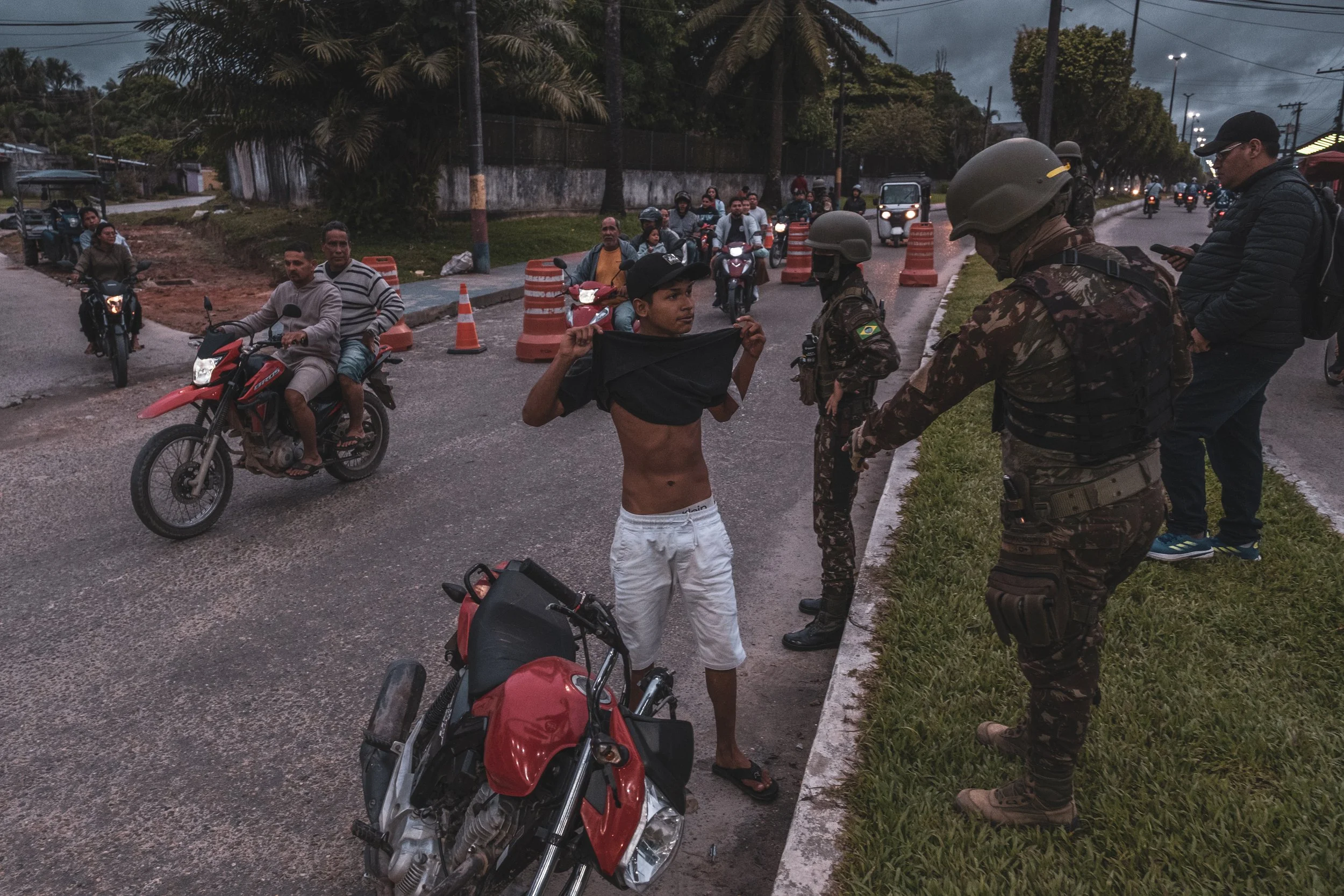 The Brazilian Army conducts a routine inspection operation at the border crossing between the city of Tabatinga in Brazil and Leticia in Colombia, checking motorcycle drivers and searching for drugs.