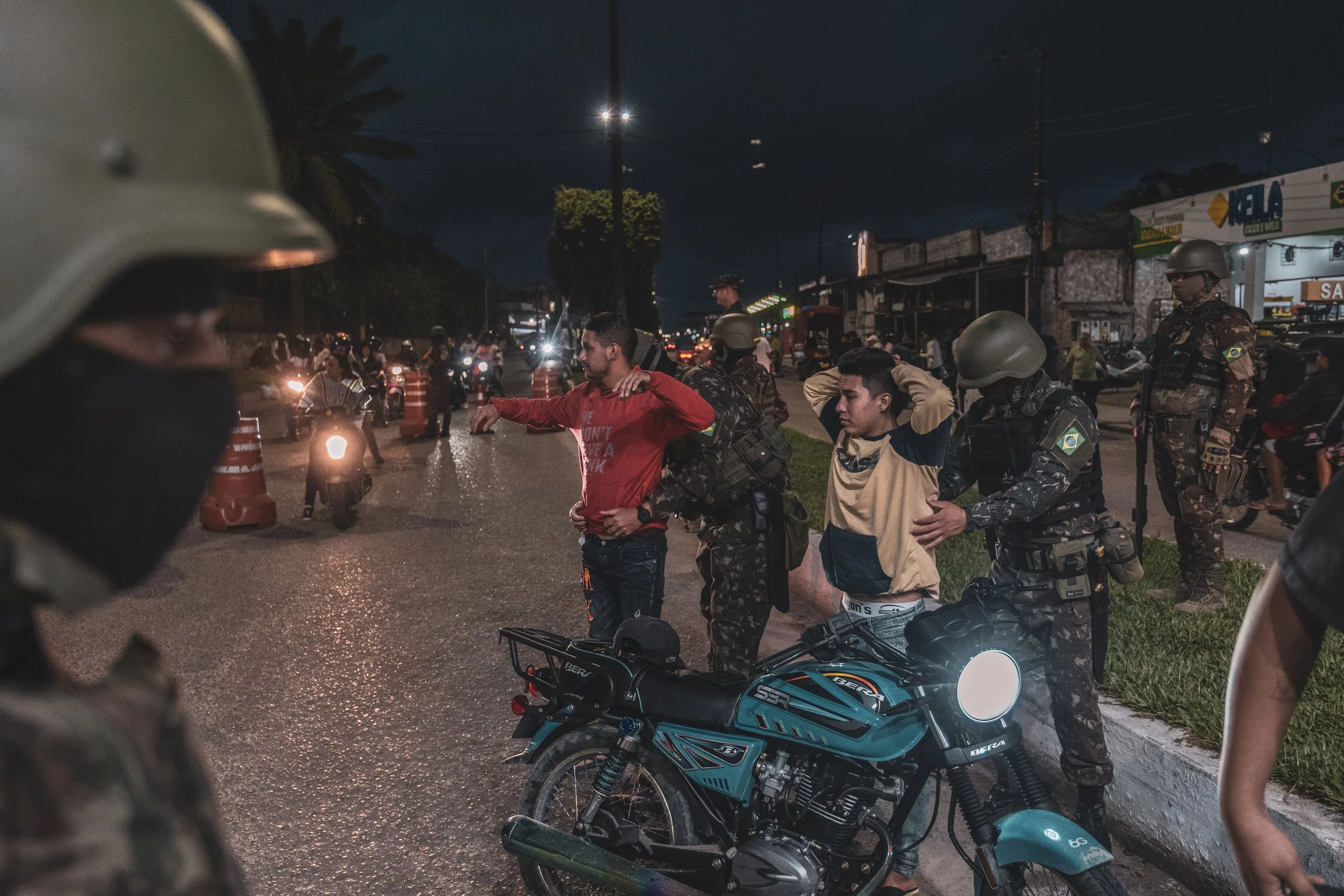 The Brazilian Army conducts a routine inspection operation at the border crossing between the city of Tabatinga in Brazil and Leticia in Colombia, checking motorcycle drivers and searching for drugs.