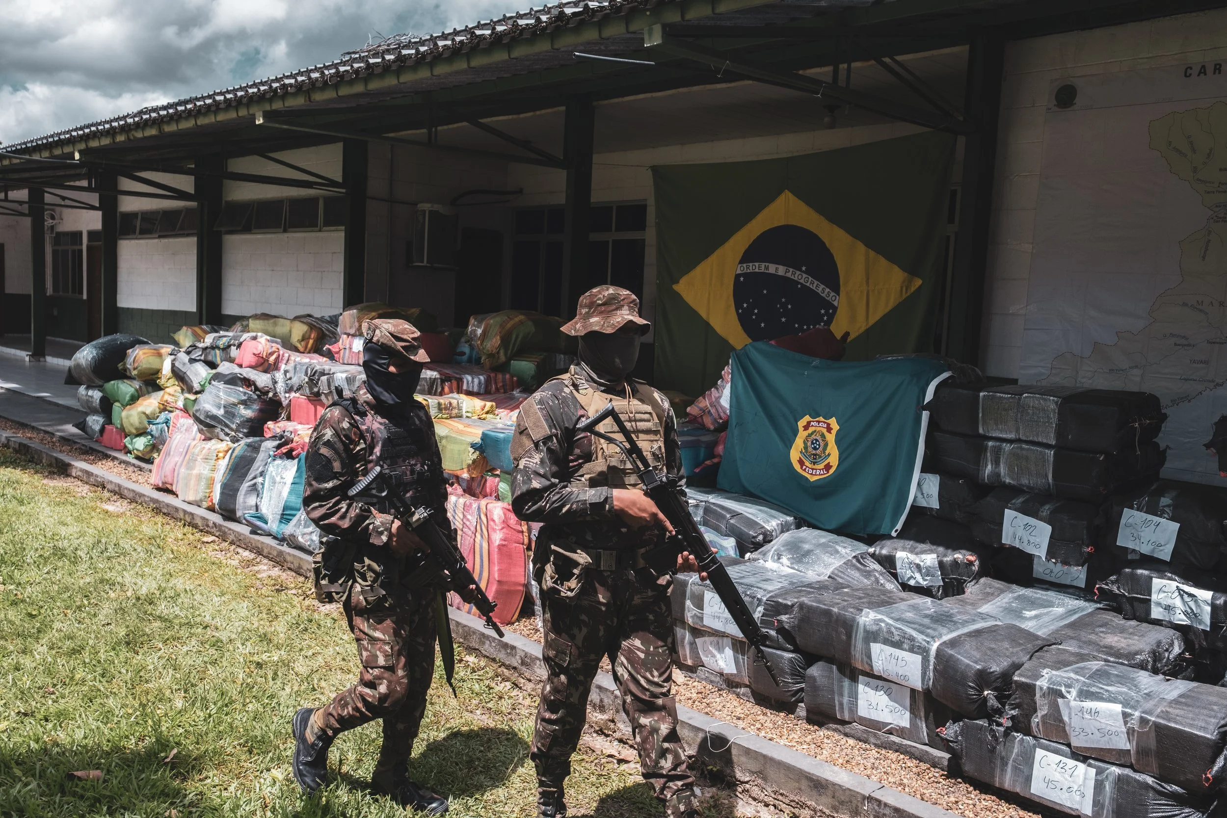 The 14-ton marijuana seizure, resulting from a joint operation between Brazilian and Peruvian forces, is stored inside the Brazilian Army battalion in Tabatinga.