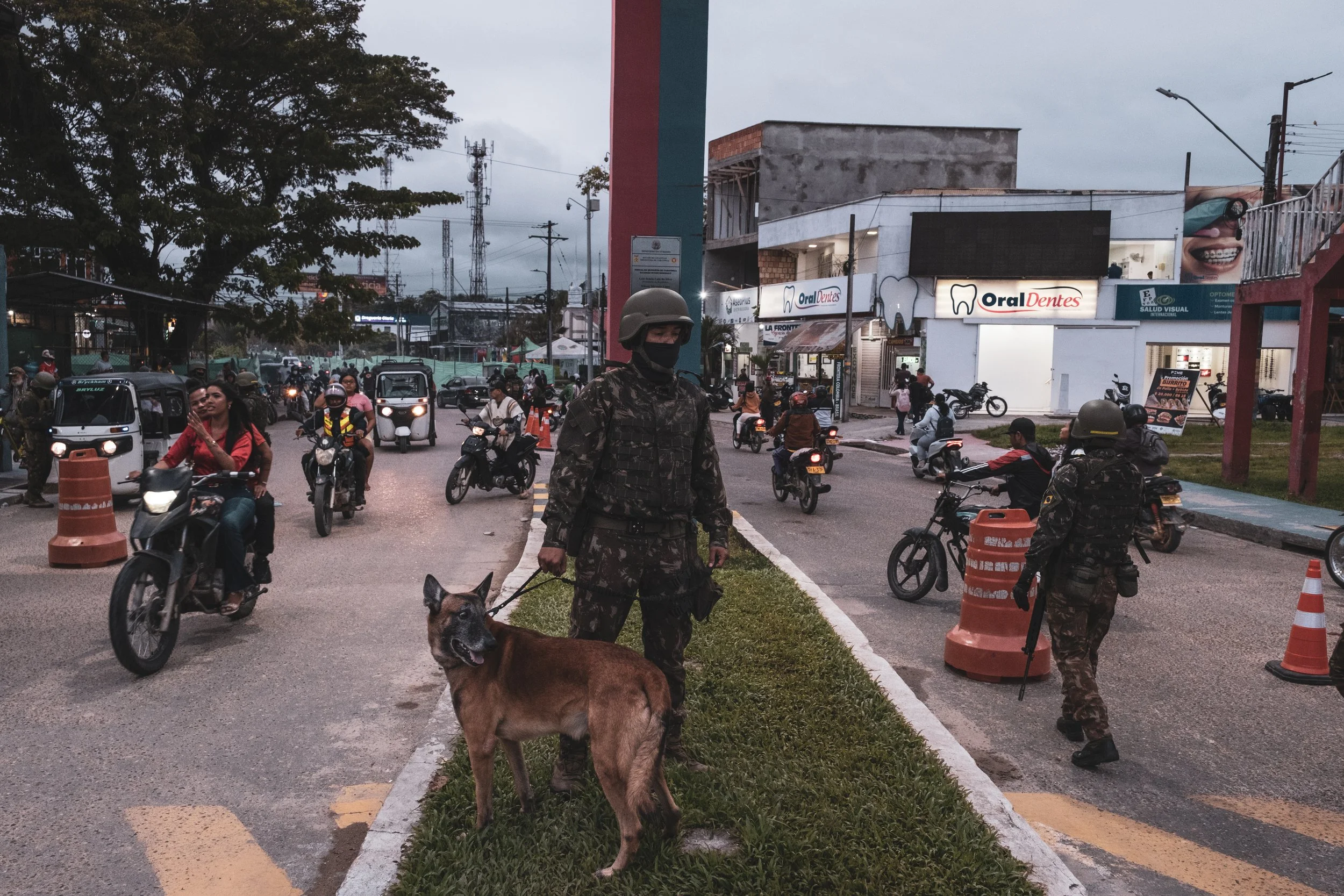 The Brazilian Army conducts a routine inspection operation at the border crossing between the city of Tabatinga in Brazil and Leticia in Colombia, checking motorcycle drivers and searching for drugs.