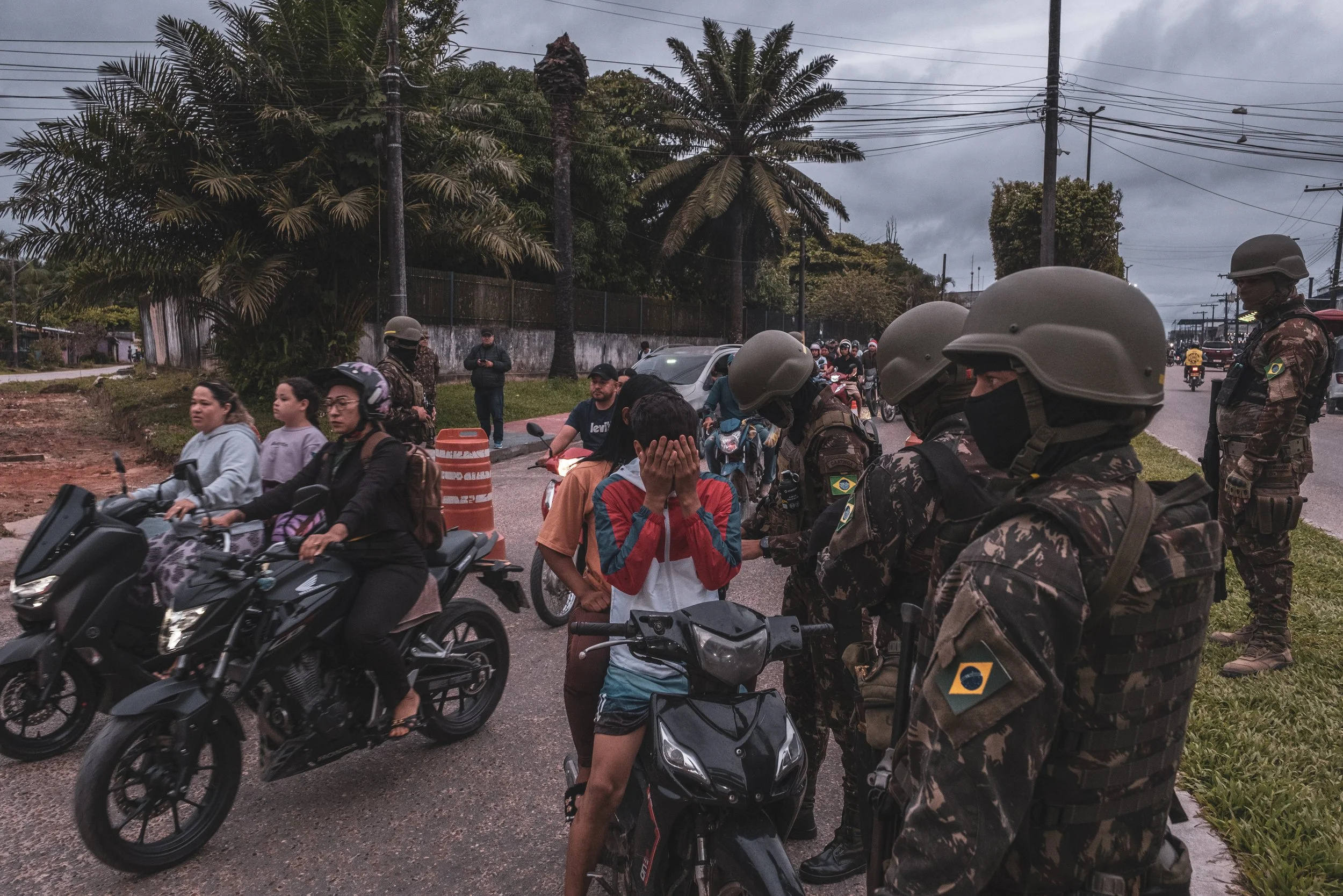 The Brazilian Army conducts a routine inspection operation at the border crossing between the city of Tabatinga in Brazil and Leticia in Colombia, checking motorcycle drivers and searching for drugs.