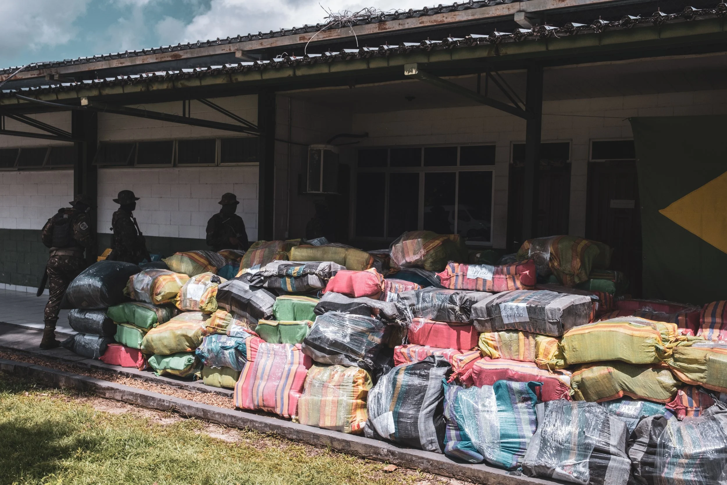 The 14-ton marijuana seizure, resulting from a joint operation between Brazilian and Peruvian forces, is stored inside the Brazilian Army battalion in Tabatinga.
