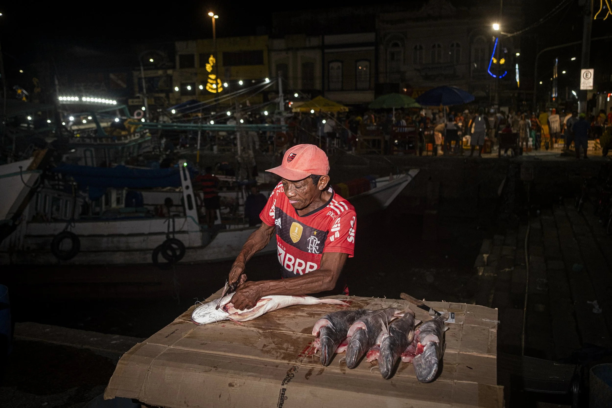 BELEM, BRAZIL - APRIL 21, 2023: Vista noturna do mercado Ver-o-Peso, em Belém, estado do Pará.

BELEM, BRAZIL - APRIL 21, 2023: Night view of Ver-o-Peso market in Belém, Pará state.