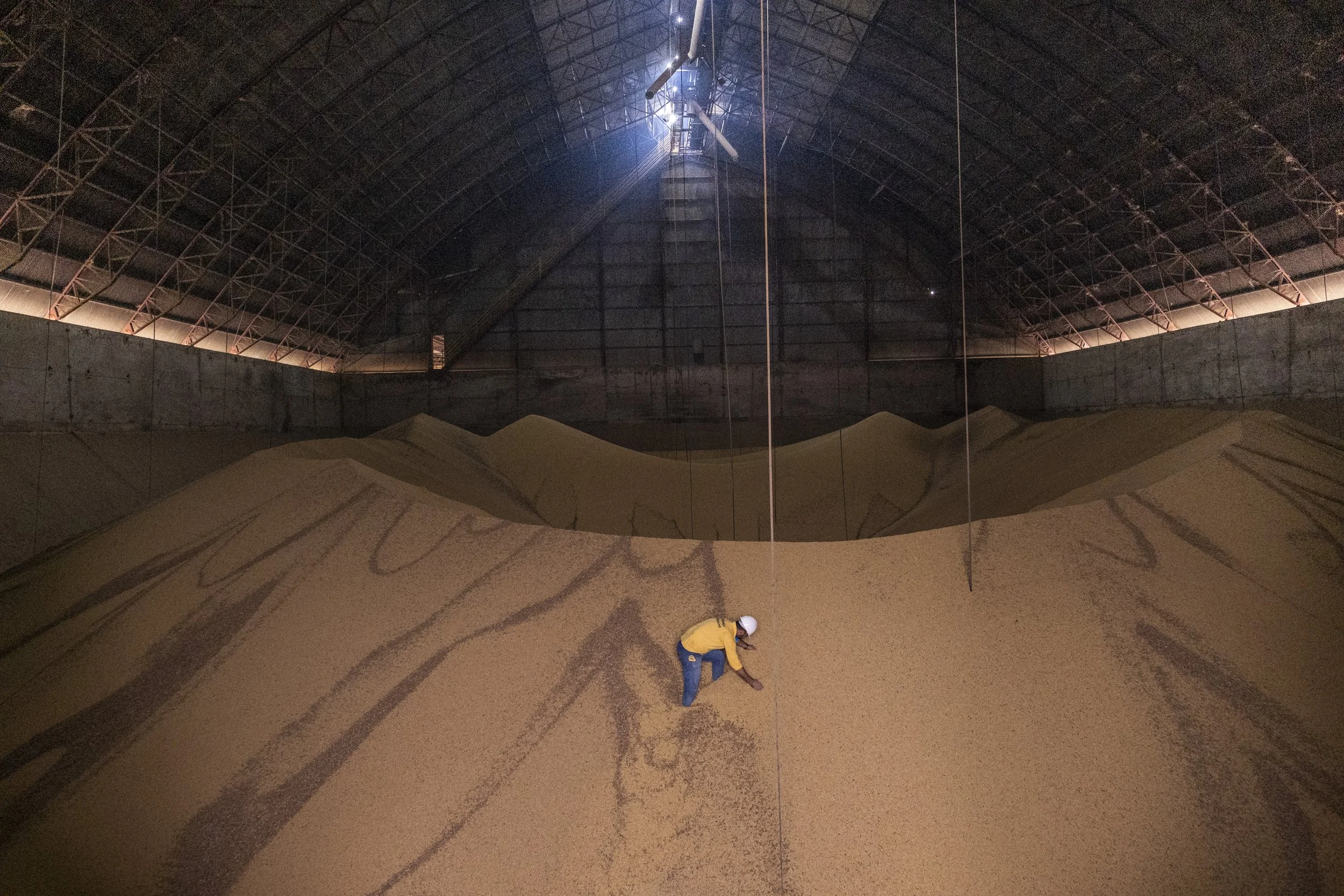 Um funcionário trabalha em um armazém de soja da Cooavil, cooperativa do agronegócio em Sinop, Mato Grosso. O Brasil lidera as exportações de soja, gado e café e, em 2023, tornou-se o maior exportador mundial de farelo de soja. Embora a agricultura e