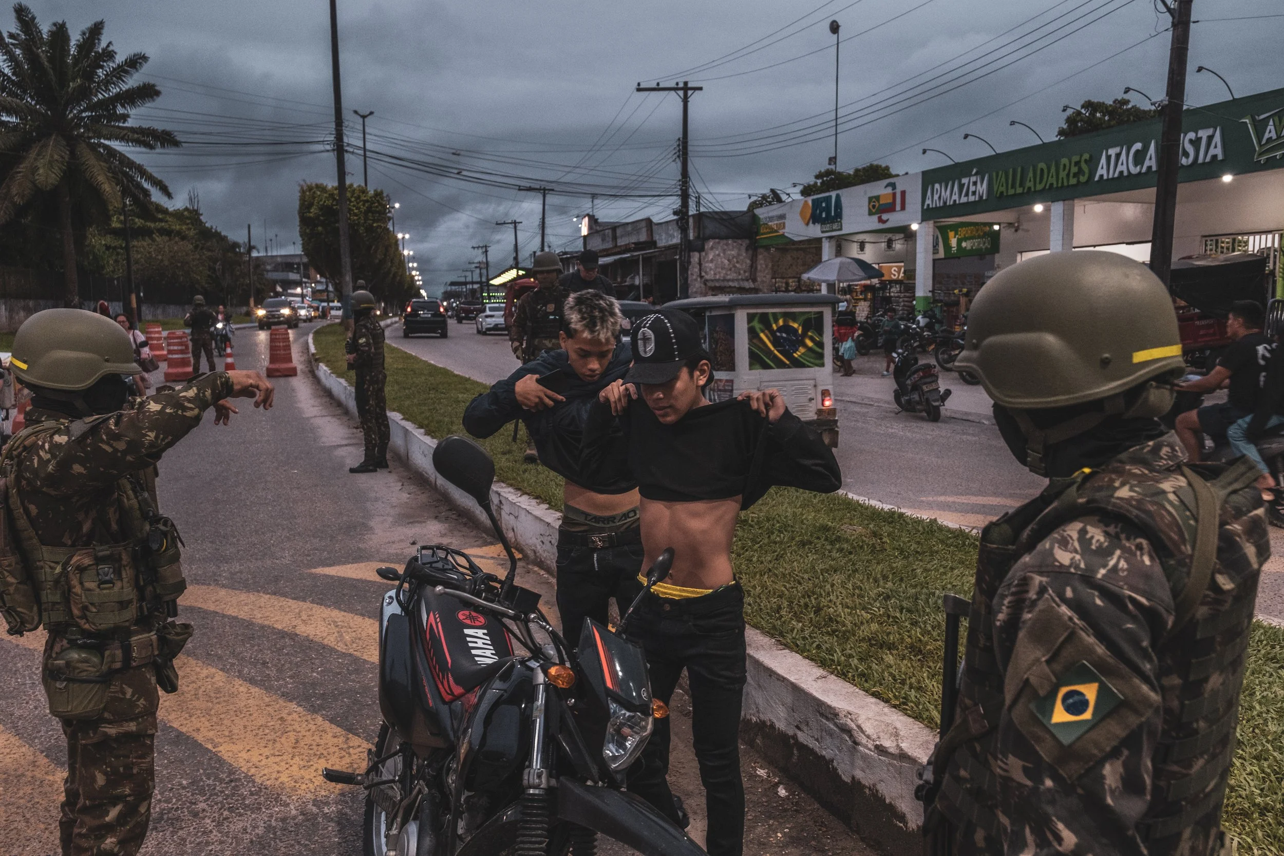 The Brazilian Army conducts a routine inspection operation at the border crossing between the city of Tabatinga in Brazil and Leticia in Colombia, checking motorcycle drivers and searching for drugs.