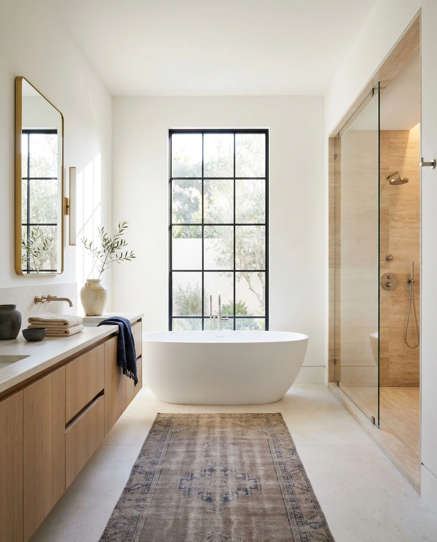 Pale limestone underfoot. Black steel on both sides.

We kept the tub centered and let the marble sit quiet behind it.

Visual concept developed with AI to explore material direction, light, and spatial mood before production.