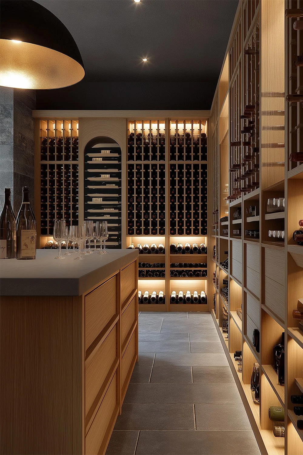 Modern wine cellar designed by Studio Sakaia, with oak shelving, built-in wine racks, and a central island for glassware.