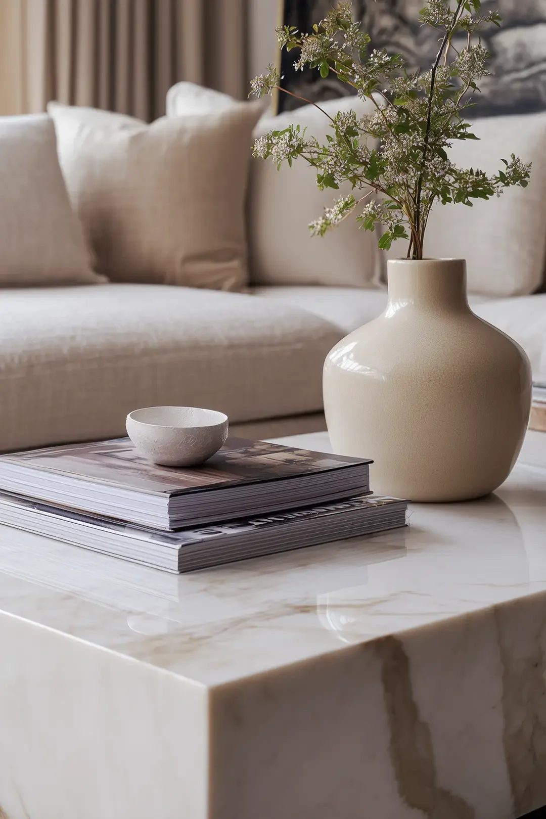 Close-up of beige marble coffee table with ceramic vase and greenery, styled with stacked books in a Studio Sakaia living room.