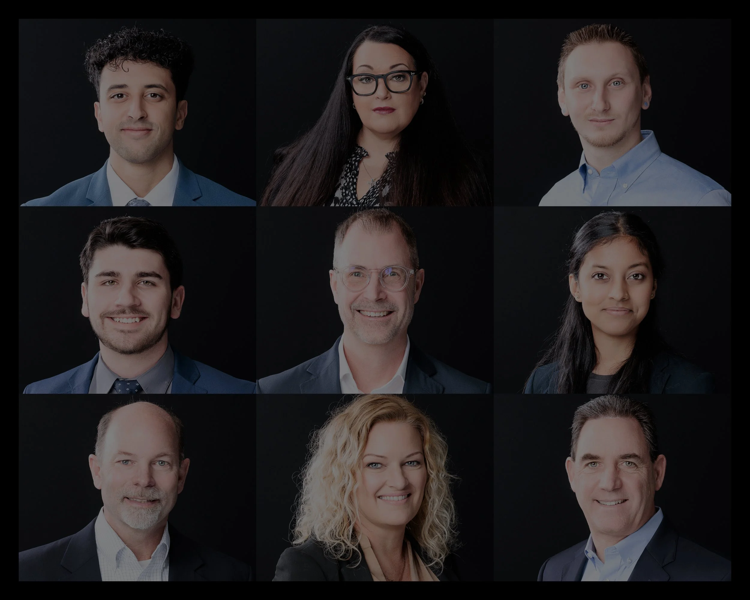Collage of nine professional headshots of diverse individuals with dark background.