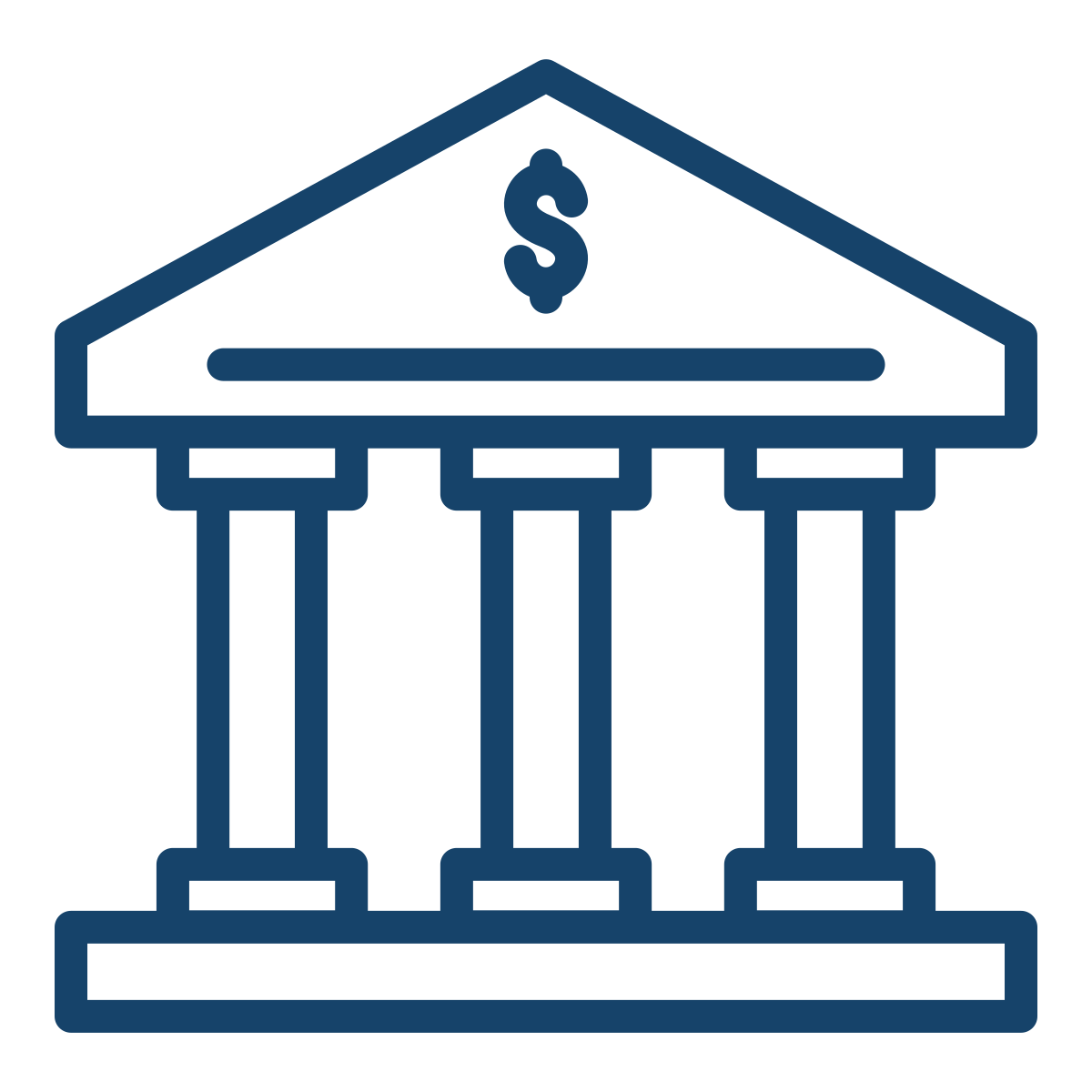 Icon of a government or financial building with four columns, a triangular roof, and a dollar sign at the top center.
