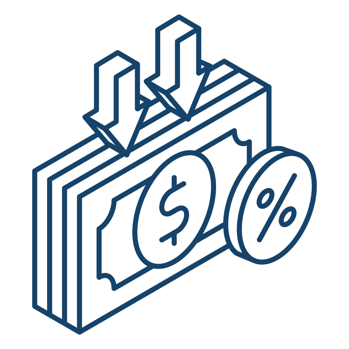Isometric illustration of dollar bills and percent sign representing financial savings or discounts.