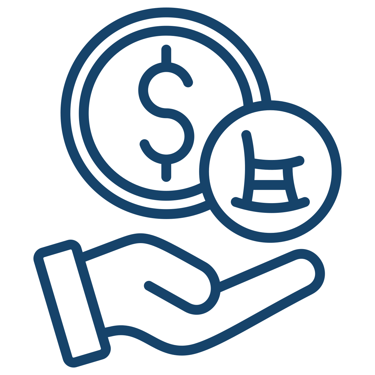 Outline icon of a hand holding coins with dollar signs, representing financial management or savings.