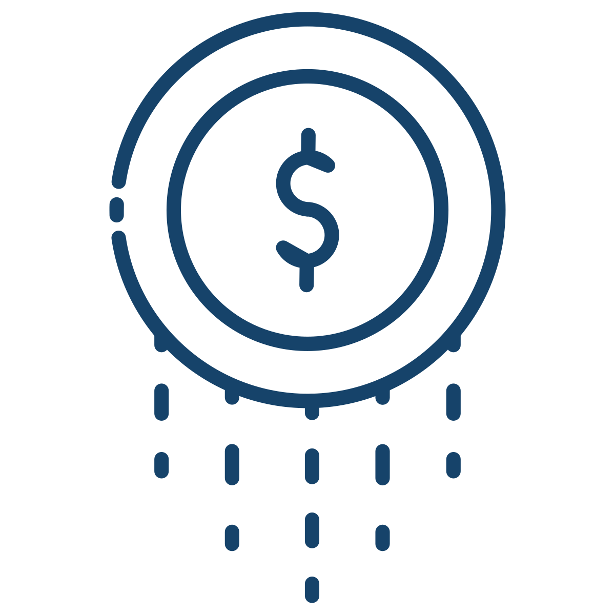 A line drawing of a showerhead with a dollar sign in the center, with water droplets falling from it.