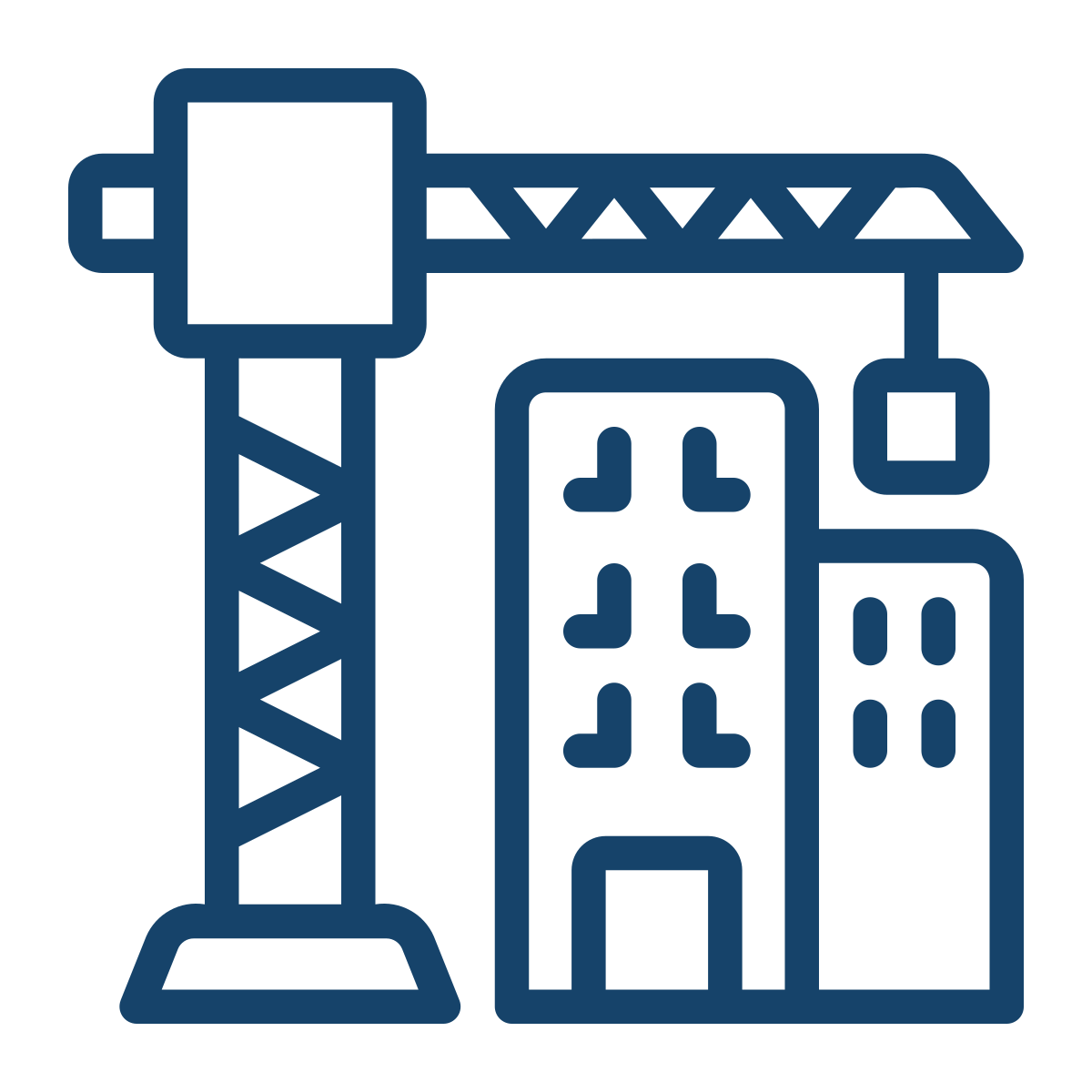 Outline of a construction crane and a building under construction.