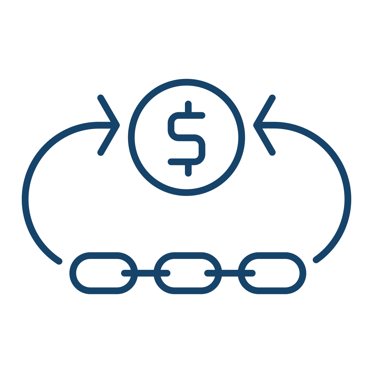 Chain link with dollar sign inside circle and circular arrows pointing in opposite directions, representing financial exchange or transaction.