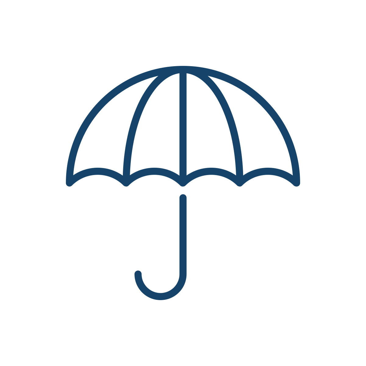 Outline of a closed umbrella with a curved handle.