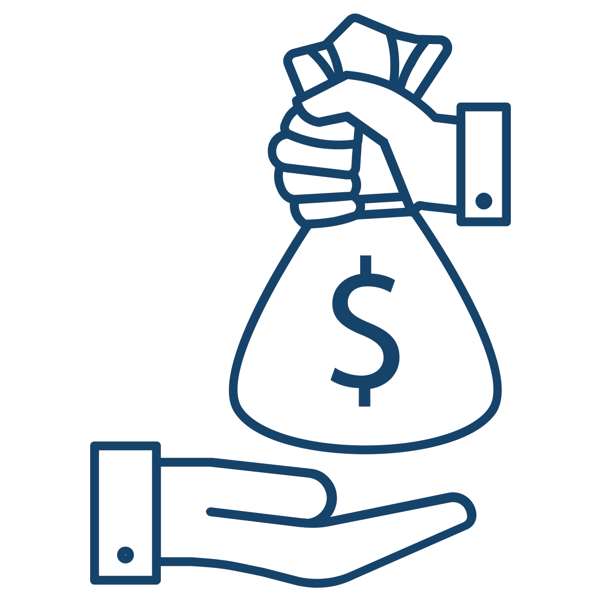 Line drawing of a hand holding a money bag with a dollar sign, and a hand positioned underneath to catch or receive it.