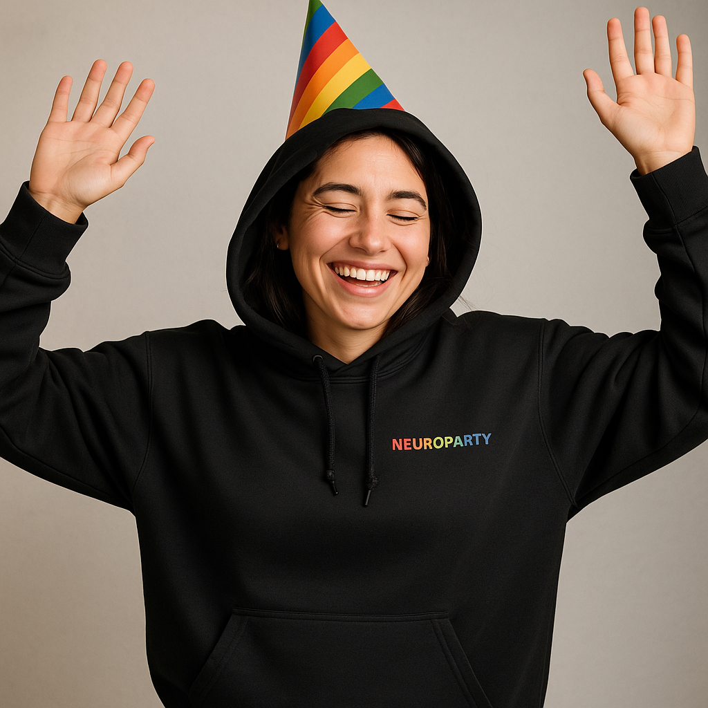 NEUROPARTY: Houseparty Edition Hoodie - with Rainbow Embroidery + Dr. Phake’s Official Sleeve Rx