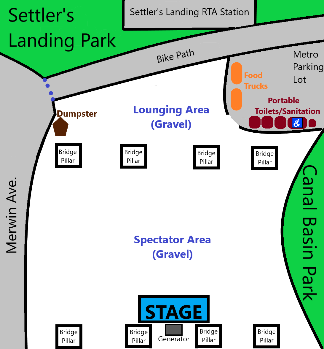 Map of Settler's Landing Park showing stage, spectator area, bridge pillars, lounge and spectator gravel areas, dumpster, food trucks, portable toilets, parking lot, bike path, and surrounding streets and park zones.