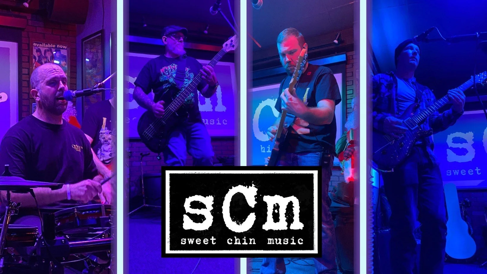 A band performing live on stage with three guitarists and a drummer, with a sign reading "Sweet Chin Music" in the background.