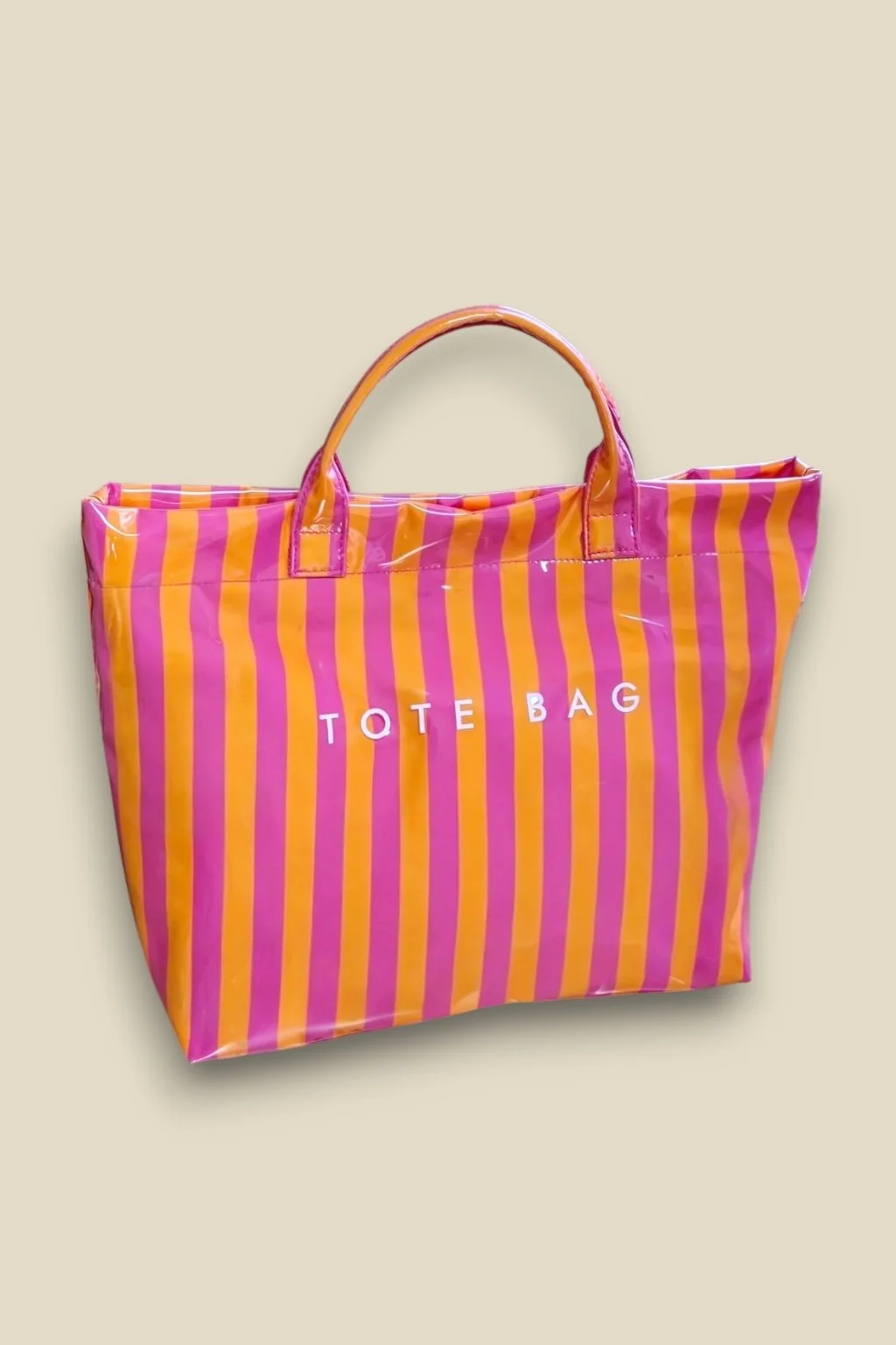 Gestreepte tote bag in roze en oranje glanzend PVC met opschrift TOTE BAG