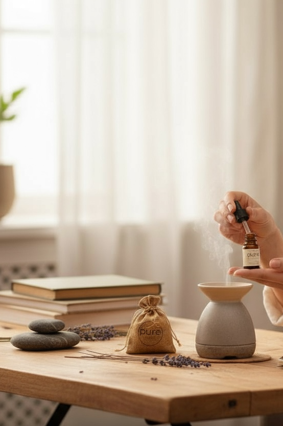 Person using a dropper to add oil to a diffuser on a wooden table, with books, stones, and lavender scattered on the table, and a window with white curtains in the background.