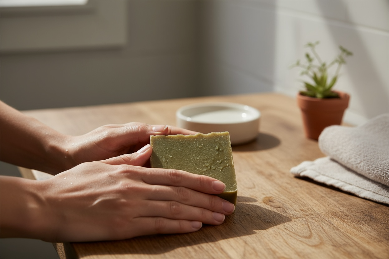 Hands holding a bar of green soap on a wooden table with a white bowl, a potted plant, and a folded towel nearby.