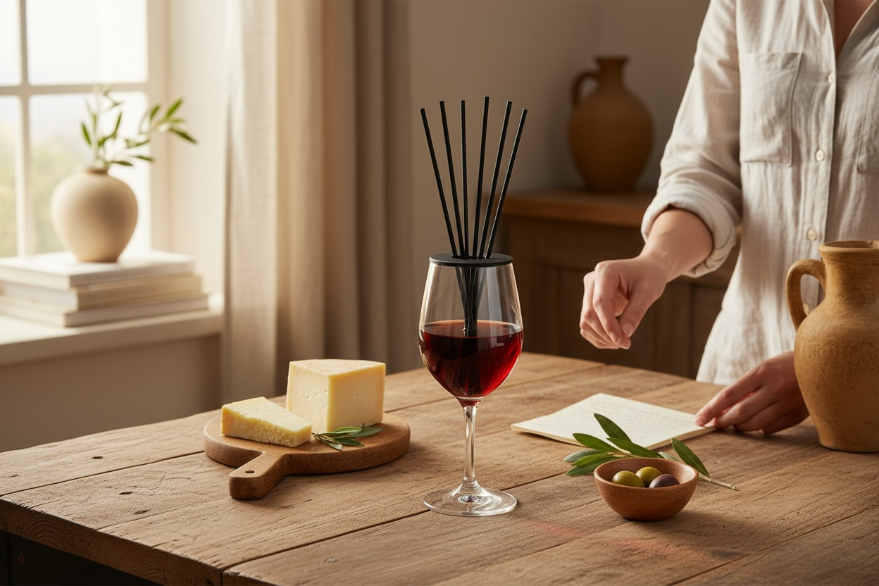 A wooden table with a glass of red wine perfume holding black reed diffuser sticks, a glass of cheese, a small bowl of green and purple olives, and a handwritten note. In the background, there is a window with natural light, a small potted plant.