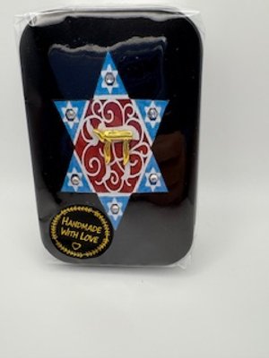 Magen David blue and burgundy with gold chai  Match Box