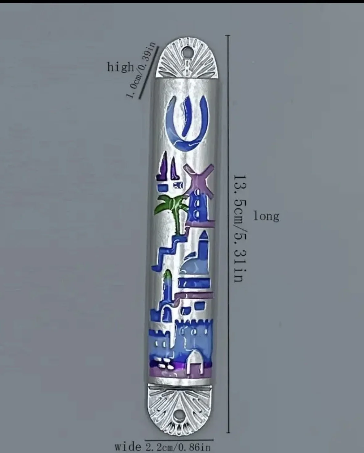 Israel back drop silver blue and purple Mezuzah
