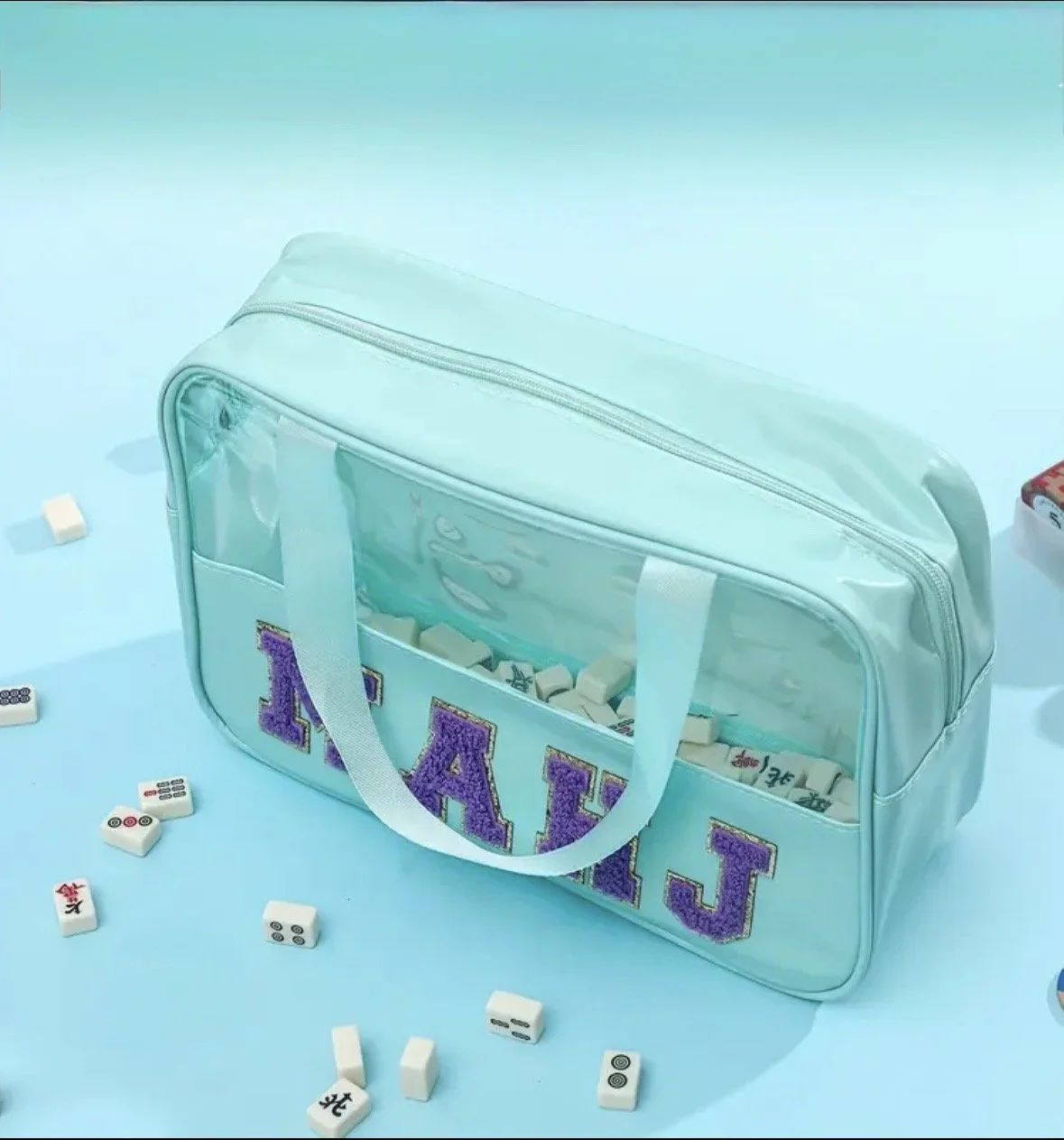 Turquoise Maj tile bag with purple chenille letters