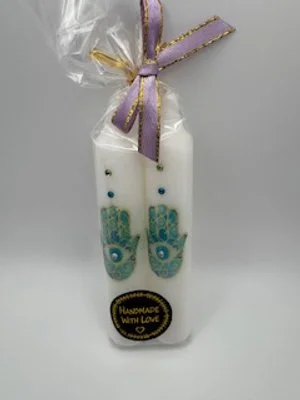 Pair of Green Hamsa Shabbat candles hand made