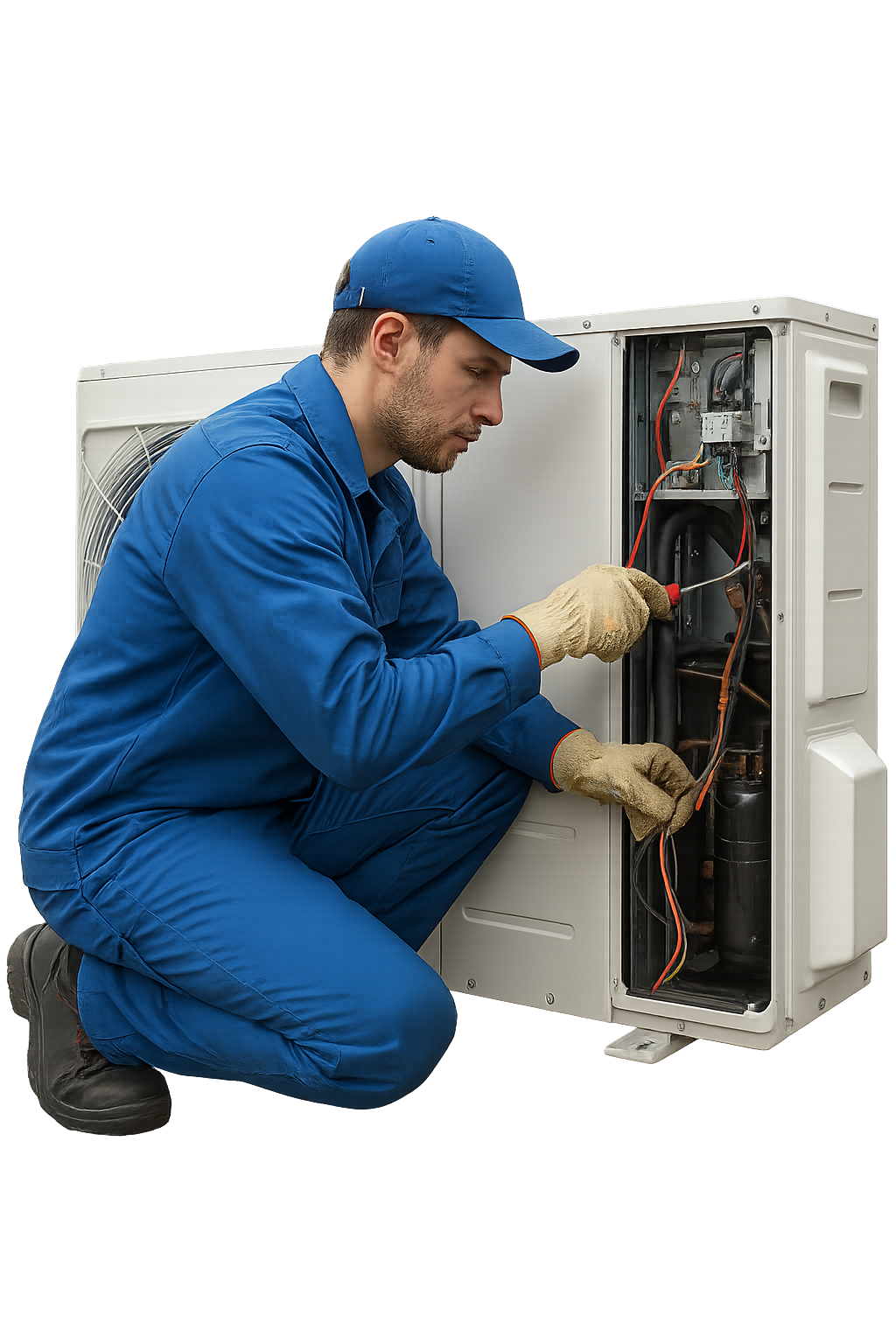 Skilled HVAC technician in blue uniform installing a commercial heat pump system, representing certified HVAC services for California facilities.