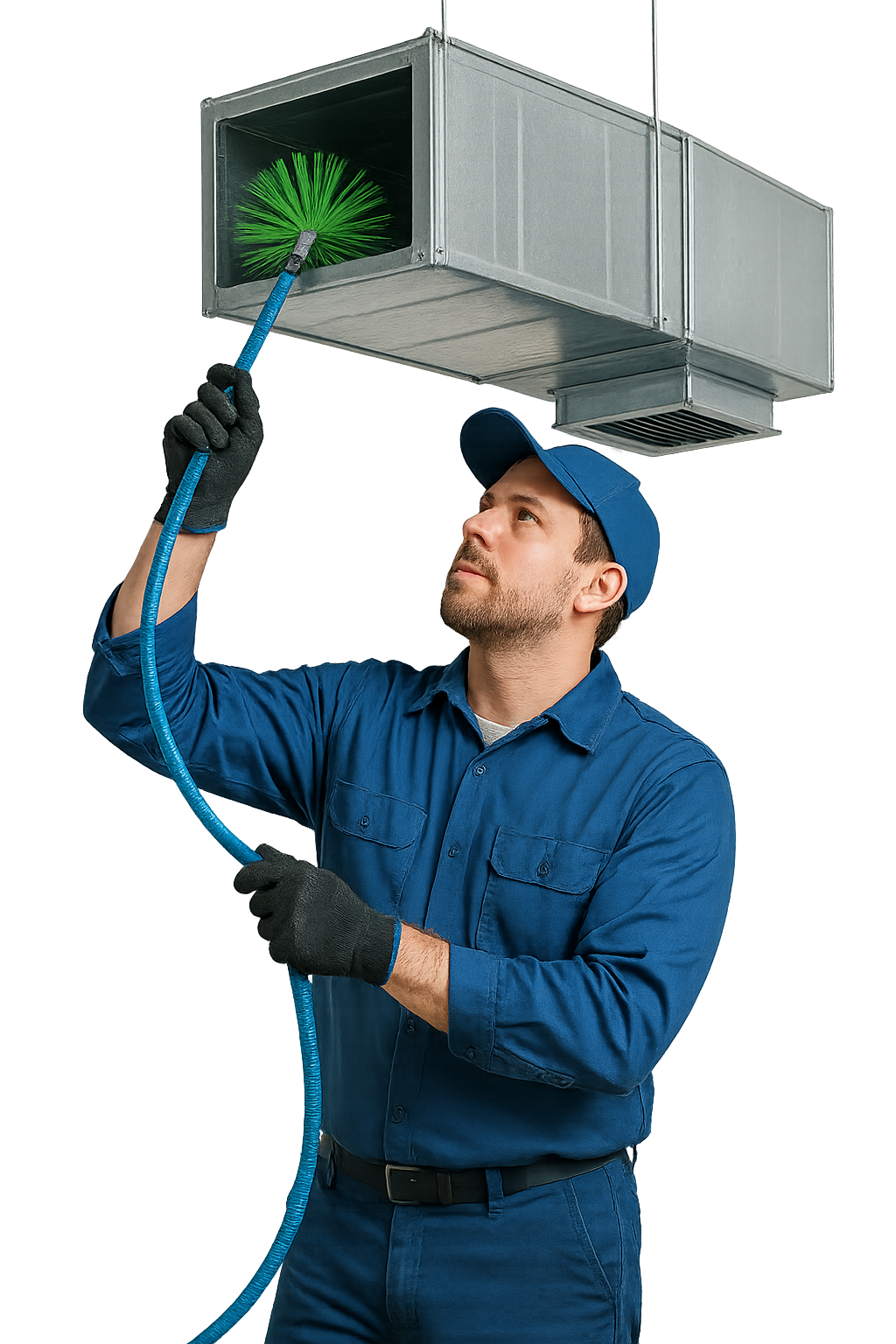 Technician cleaning HVAC air duct with rotating brush during air system maintenance.