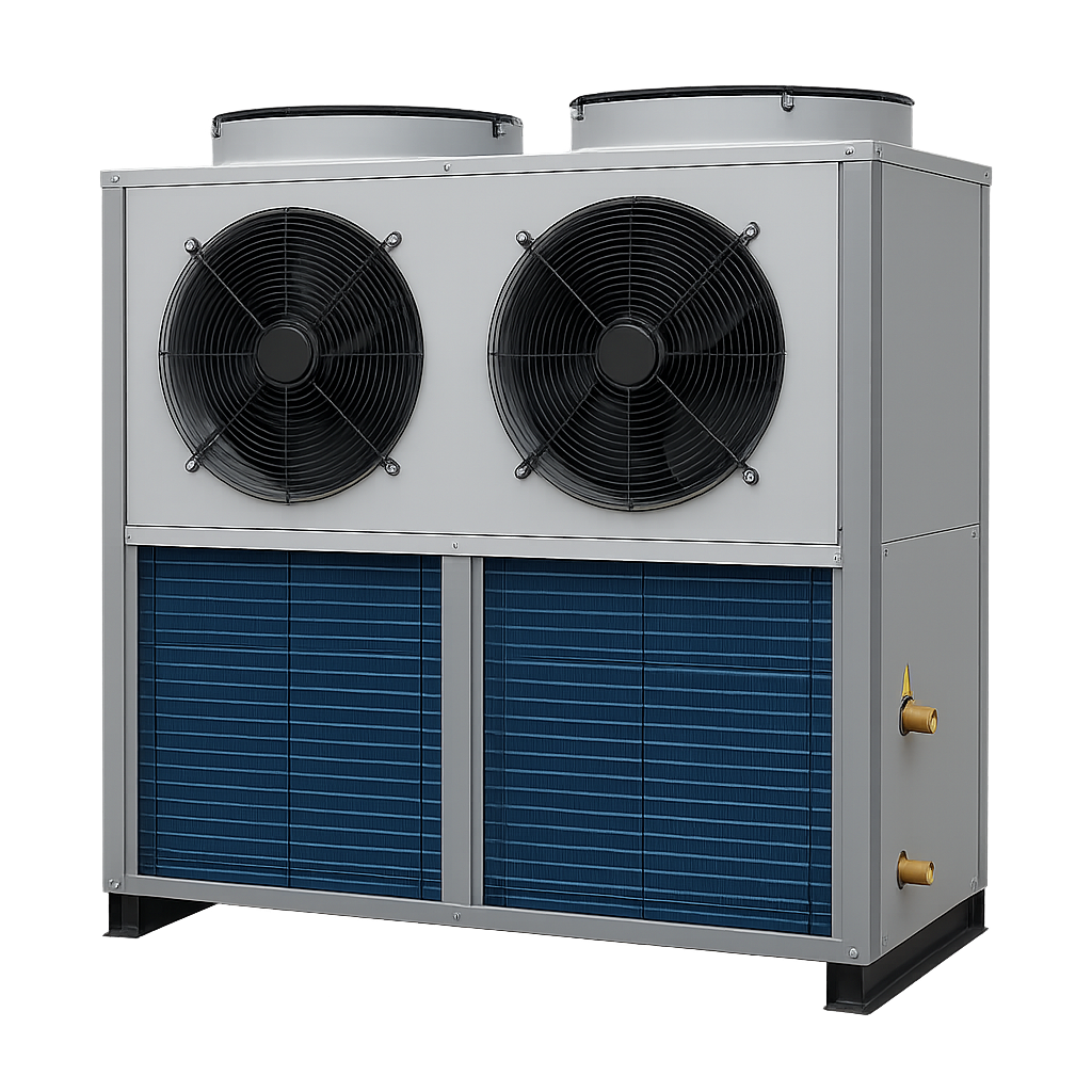 Dual-fan commercial heat pump unit used for energy-efficient HVAC installations in large California buildings and facilities.