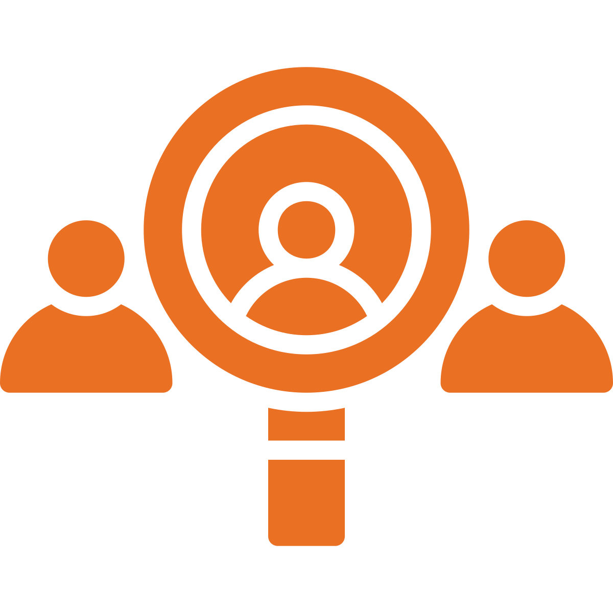 Orange magnifying glass with people icon representing easy contractor search and hiring