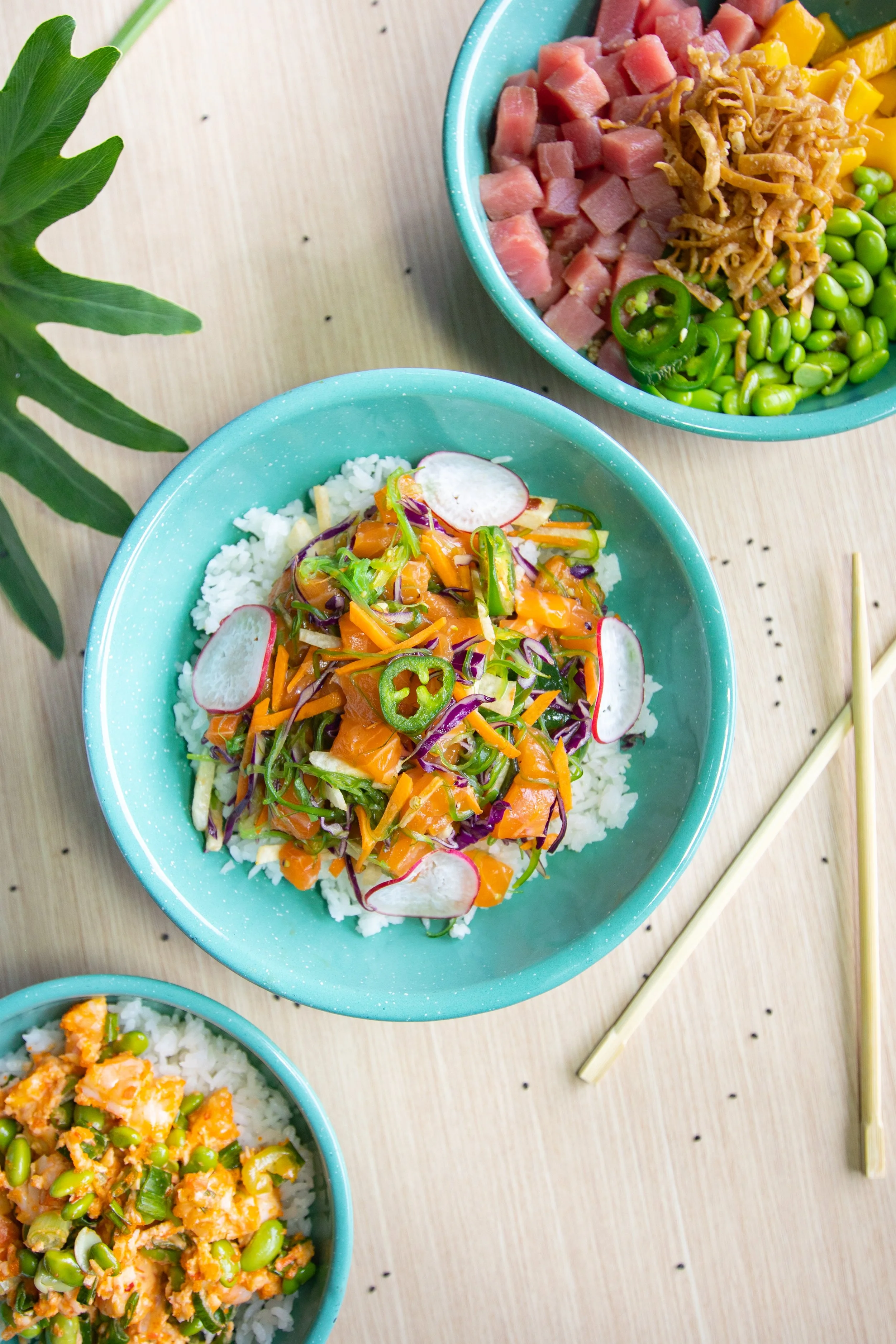 Two bowls of Asian-style salmon and vegetable rice bowls on a light wooden table with a green-leafed plant nearby.