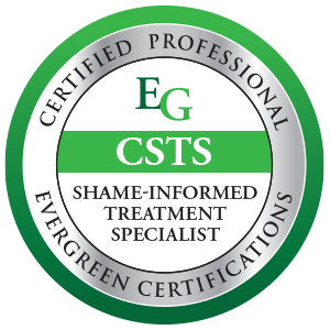 A circular certification logo with green and black text indicating 'Certified Professional Evergreen Certifications, Shame-Informed Treatment Specialist, CSTS, EG.'