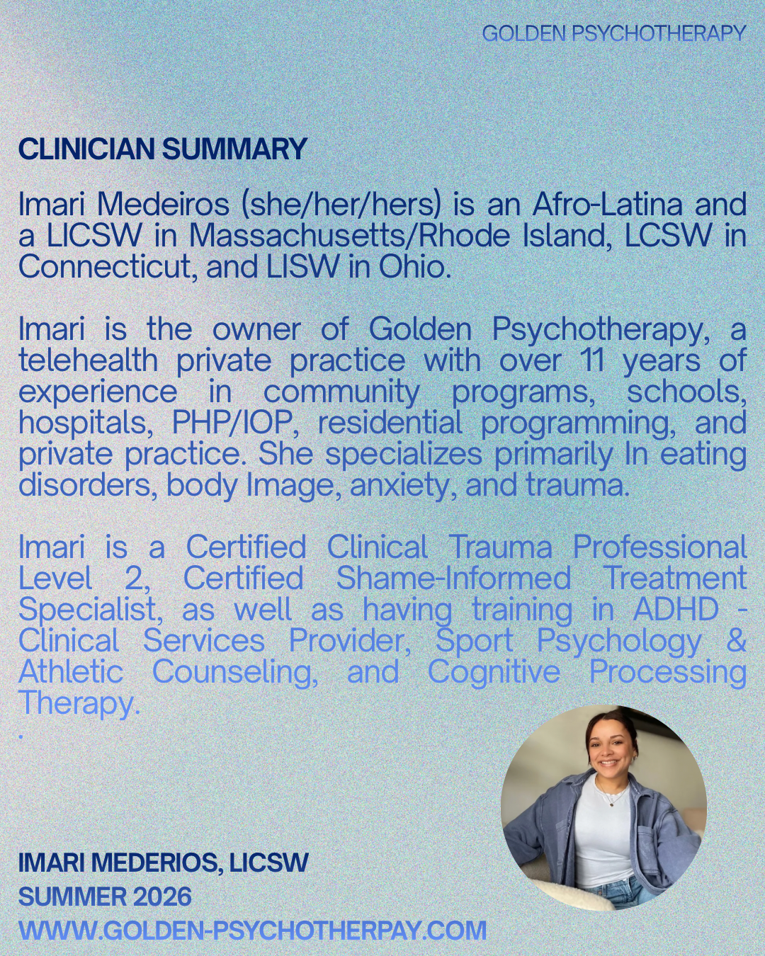 A digital flyer with a blue gradient background featuring a photo of a smiling woman at the bottom right corner. The flyer contains text about Imari Medeiros, a licensed clinical social worker, her background, specialties, and professional credentials, along with her contact information and website at the bottom.