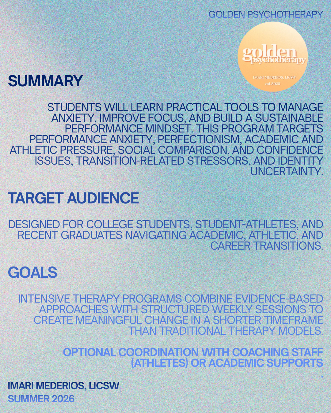 Flyer for Golden Psychotherapy, Summer 2026, outlining therapy program goals, target audience, and summary, with a logo in the top right corner.