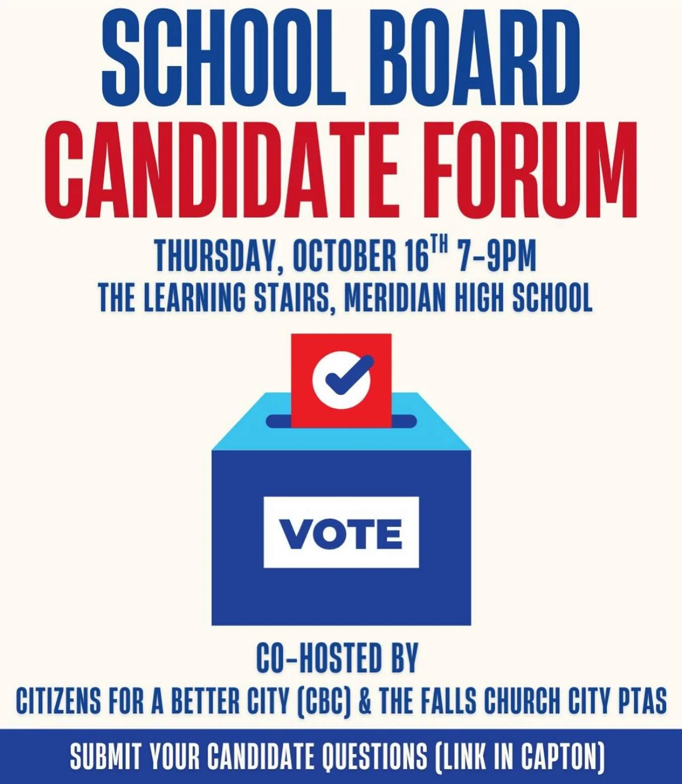 Join me and the other #schoolboard #candidates for a Candidate Forum tomorrow @ Meridian HS on the learning stairs. The event is 7-9pm. 📚