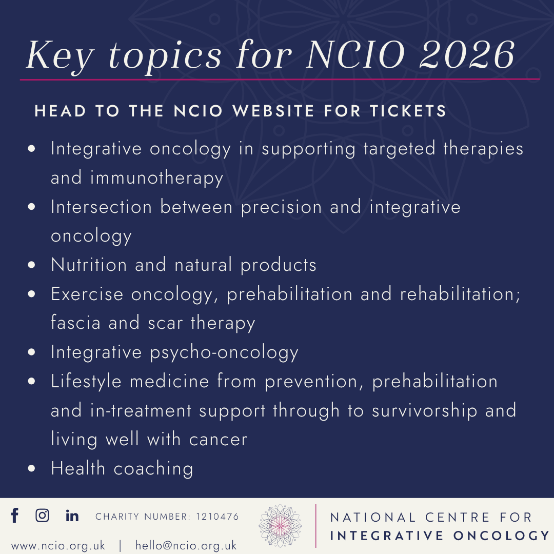 Integrative oncology in supporting targeted therapies and immunotherapy, nutrition and natural products in cancer support, exercise oncology, rehabilitation and prehabilitation, integrative psycho-oncology, lifestyle medicine and health coaching