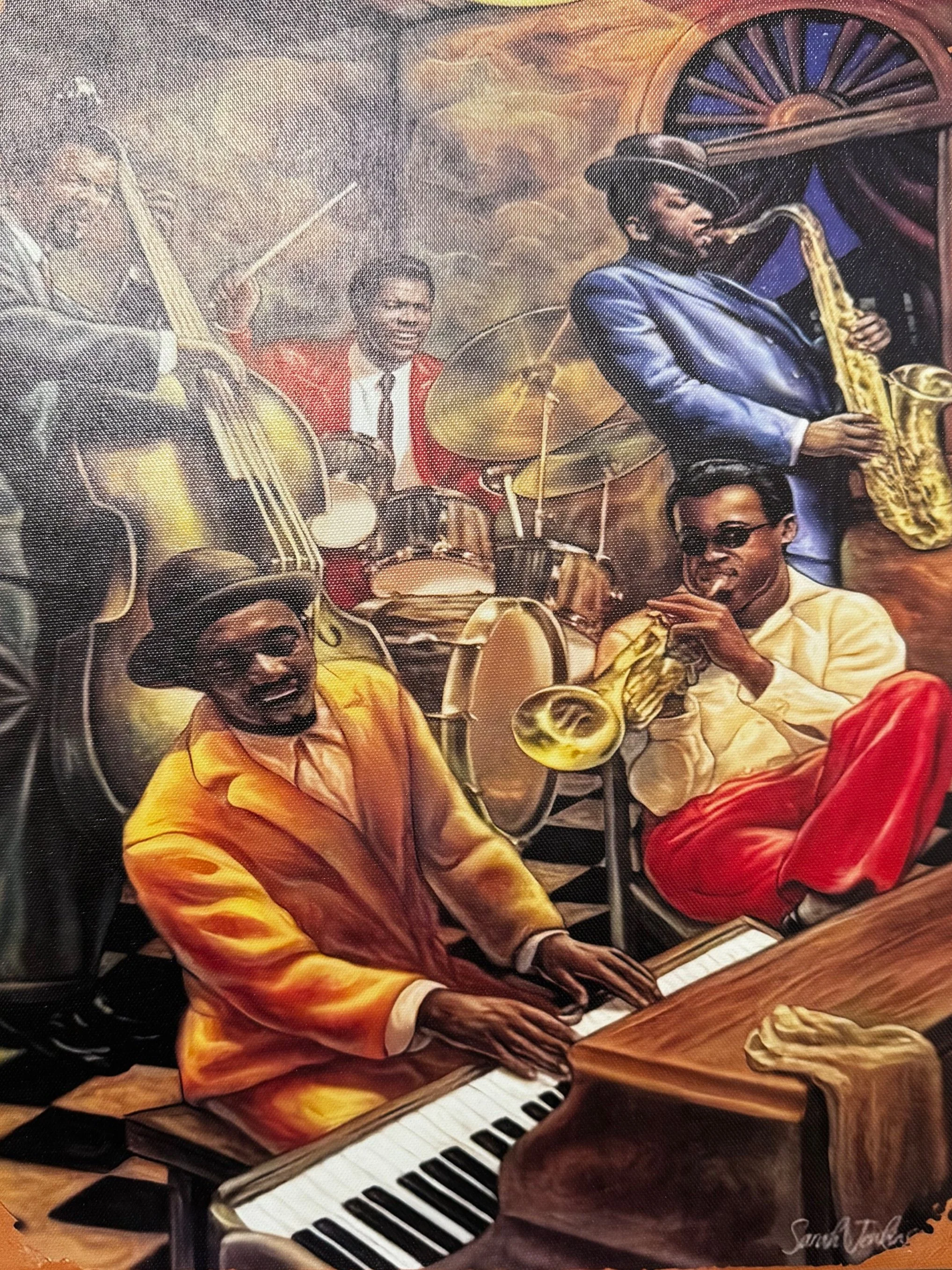 A vibrant painting of a lively jazz band with musicians playing instruments including a piano, trumpet, saxophone, drums, and bass, dressed in colorful suits and hats, performing in a cheerful, energetic scene.