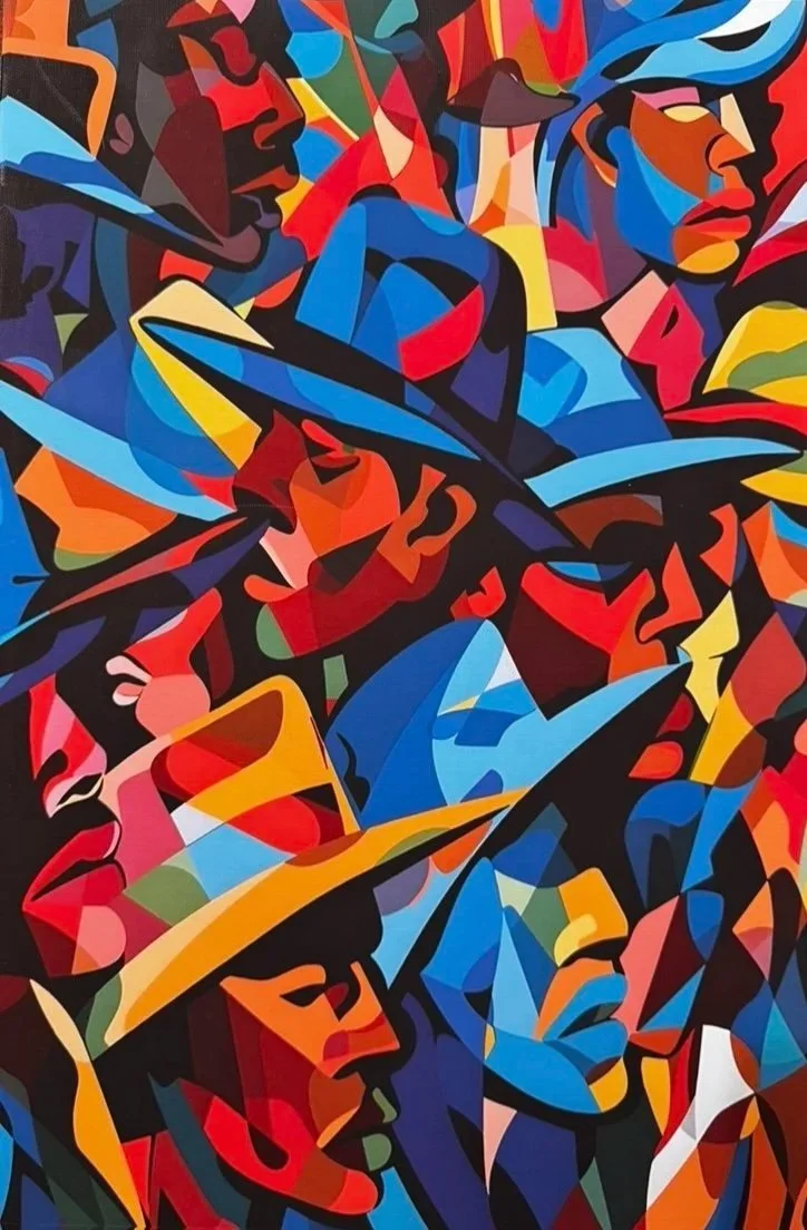 Colorful abstract painting of multiple faces and figures, with prominent use of blue, red, yellow, green, and black hues.