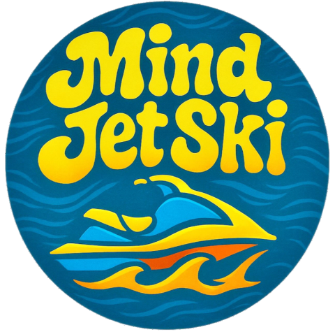 Logo de serenity de jet ski Mind en bleu et jaune avec un jet ski stylisé sur des vagues.