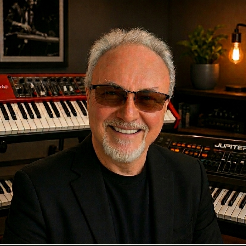Smiling music instructor with glasses and a beard, wearing a black blazer, in a music studio with keyboards and warm lighting.
