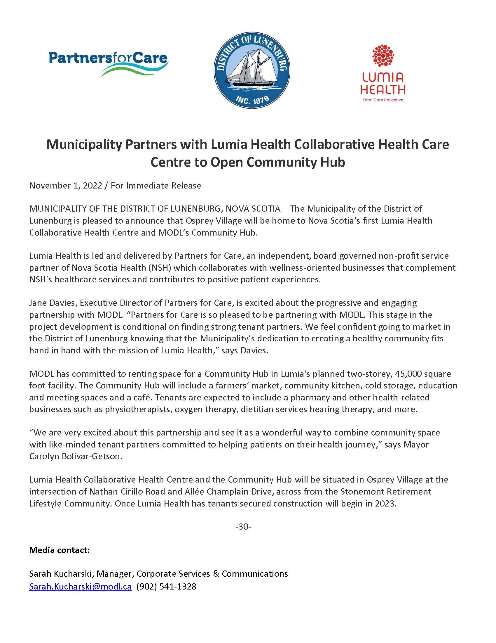 Joint Press Release with the District of Lunenburg